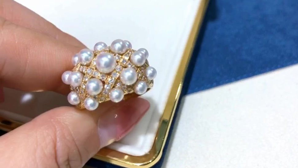 AAAA 3-5 mm Baby Akoya Pearl Rayol Ring, 18k Gold w/ Diamond
